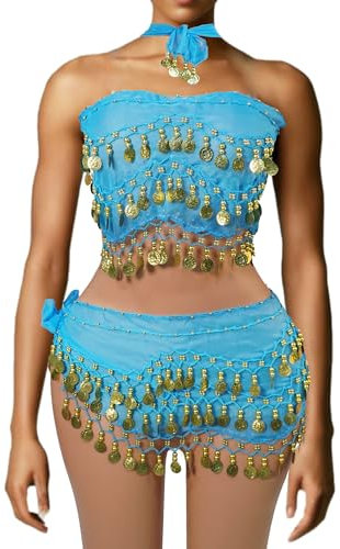 Baisdan - 2 Pezzi Cintura Danza del Ventre, Danza del Ventre Gonna di Avvolgente con Monete d'oro per Zumba Classe di Yoga Latino Latino, 2 Pezzi, Azzurro