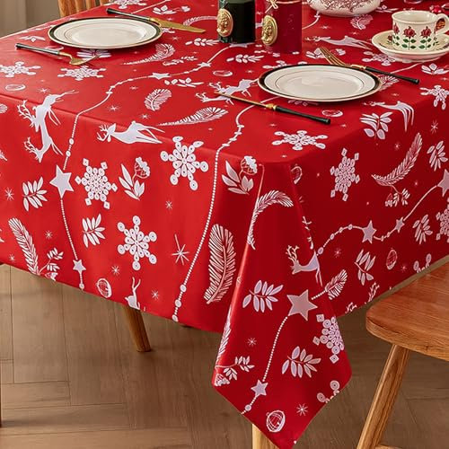 Romanstile Weihnachten Wachstuchtischdecke 240x140 cm rot Hirsch Tischdecke Outdoor Wetterfest Abwaschbar PVC 100% Wasserdicht Tischtuch Garten Tischdecken Deko für Party Esstisch Geschenkidee