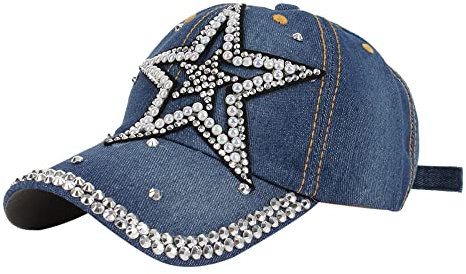 MEGAUK Damen Jeans Baseball Cap Denim Baseballkappe Washed Cotton Used Look Basecap Verstellbare Vintage Basecap Nieten Punk Kappe Für Großen Kopf (07080 Stern 56-58cm)