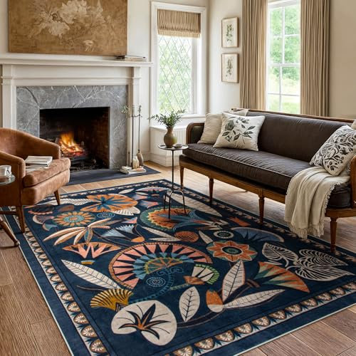 Zealude Teppich mit ägyptischem Blumenmuster, waschbar, für Wohnzimmer, groß, Boho, Schlafzimmer, Esszimmer, Teppiche unter dem Tisch, Vintage, rutschfest, weich, für Spielzimmer, Büro, Wohnung