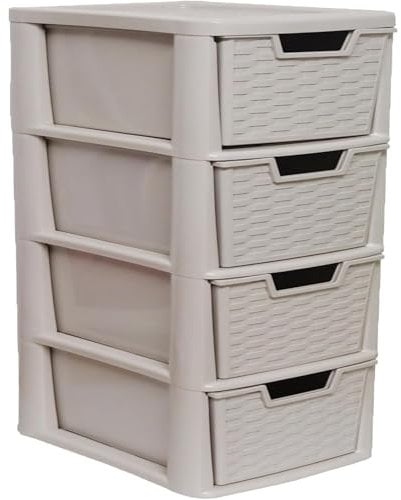 ALEEZ - Large Plastic Drawer Storage Unit - Rattan Effect 4 Drawer Cabinet - Multipurpose Storage Organiser - Office, Tabletop Desktop Drawer - Bedroom Chest Drawer Unit - (Mushroom, 4 Drawer)