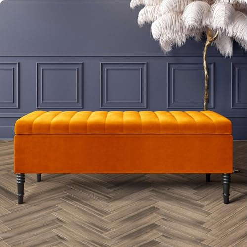 Paris Velvet Ottoman Storage Bench with Legs, End of Bed Blanket Box with Extra Deep Hidden Storage & Hinged Lid, Upholstered Ottoman Storage Box, Shoe Storage Ottoman, Padded Entryway Seat