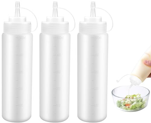 3 Pezzi Bottiglia Squeeze di Plastica,500ml Biberon Cucina,Trasparente Condimento Dispenser,a Prova di Perdite e Senza BPA,Contenitore Oliera Plastica,Bottiglia per Squeeze con Tappi per Ketchup,Salse