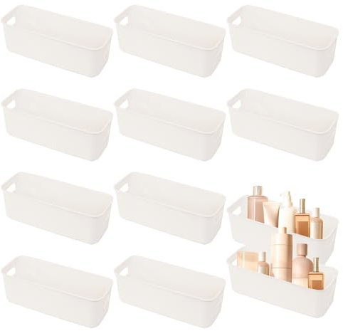 10 Stück Aufbewahrungsbox Kunststoff Weiß Aufbewahrungskorb mit Griffen | Küchenschrank Organizer Box Körbe Aufbewahrung Ordnungsboxen für Küche Badezimmer Regal Schubladen Schrank-26,7x9,5x9 cm
