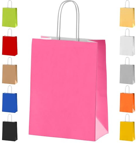 Paper Party Gift Bags with Handles in Fuschia - 18x22x8cm Small Colorful Carrier for Adults & Kids Parties, Weddings, Birthdays, Baby Showers, Xmas and Sweets - 10 Craft Bags