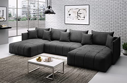 NAWSTOL - Ecksofa Milano U 346 x 188 cm, Sofa mit Schlaffunktion und Bettkasten, Couch mit Kissen, Schlafsofa in U-Form (Dunkelgrau)