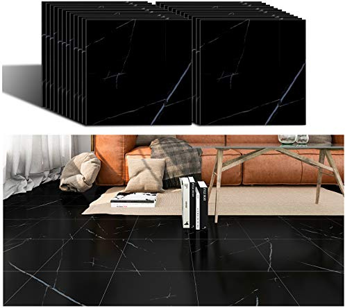 VEELIKE Pavimento PVC Adesivo Marmo Nera Piastrelle Adesive Pavimento Bagno 24 Pezzi Mattonelle Adesive Pavimento in Marmo Nero Adesivi per Piastrelle Cucina Camera da Letto Rimovibile 30 cm x 30 cm