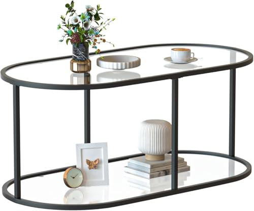 Huhote Mesa de centro de 2 niveles, mesa de té, mesas de salón con marco de metal negro, para sala de estar, dormitorio, oficina, diseño moderno abierto, 100 x 50 x 43 cm, cristal