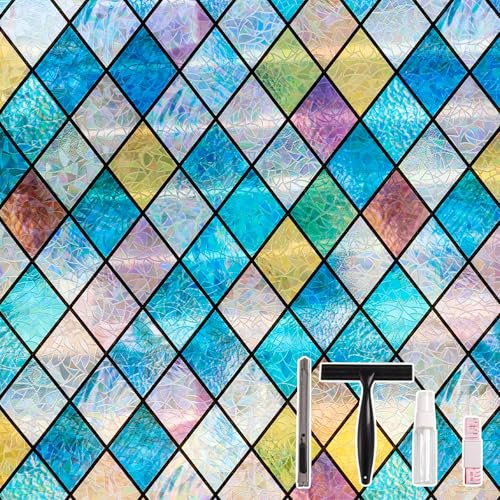 Conkov Fensterfolie Sichtschutzfolie mit Regenbogeneffekt, Elektrostatische Adsorption, Keine Klebeverbindung, Dekorfolie für Wohnzimmer Küche Büro, Farbiger Rhombus, 44,5 x 200 cm mit Werkzeug