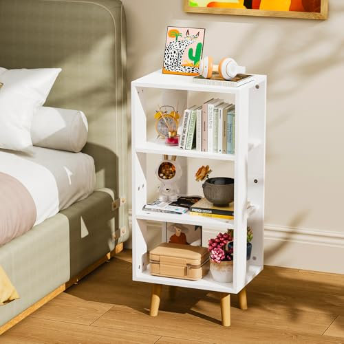 Lvhecforhm Table de Chevet avec LED 16 Couleurs Réglable, Table de Chevet Blanc avec 3 Compartiments Ouverts, Moderne Table de Nuit Design, Étagère de Rangement Ouverte pour Salon 40x30x87.5cm