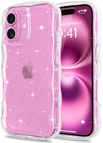Pepmune for iPhone 16 Case Clear Bling Sparkle Glitter Cover,Soft TPU Curly Wavy Frame & Hard PC Back,Slim Shockproof Wave Phone Case for Women Girls
