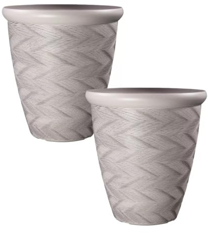 Round Grey Plant Pot 33cm,13inch Patterned Rim 14L Tall Woven Garden Indoor Outdoor Planter Cover Drainage Holes, Weather, Frost Proof, Gloss Finish (2)