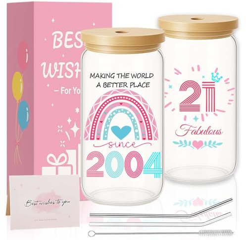 21st Birthday Gifts for Her, 21st Birthday Present Creative Glass Cups with Lids and Straws, Personalized Iced Coffee Glass Mug, Gifts for Women Friend, Sister, Daughter, Granddaughter Cool Present
