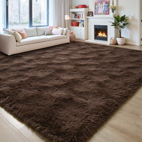 FALARK Flauschiger Teppich für Wohnzimmer, große dunkelbraune Teppiche für Schlafzimmer, großer zotteliger Boden, waschbarer Teppich, weicher Plüsch, dick, rutschfest, rechteckig, für Heimdekoration