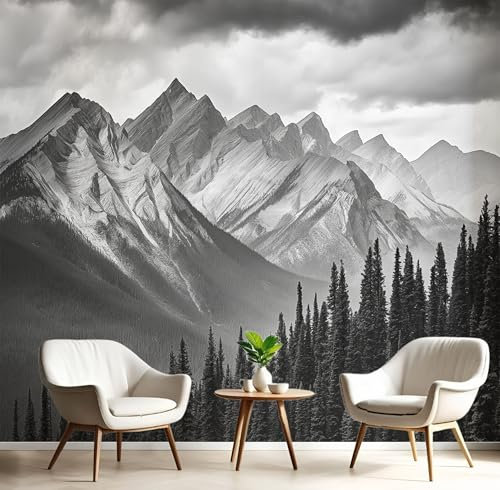 Papier Peint Panoramique Forêt De Pins Dense Soie,350×256 Cm (W×H),Poster Geant Mural,Personnalisé 3D Montagnes Majestueuses En Noir Et Blanc Pour Salon Chambre D'Enfants Restaurant Décoration Murale