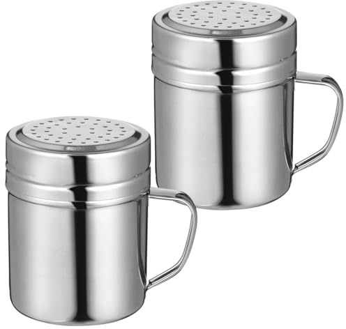 VALICLUD Seasoning Shaker with Handle Stainless Steel Dredge Shaker Container 2 Pack Large Capacity Spice Duster with Screw-on Lid for Home Cafe Restaurant Dishwasher Safe