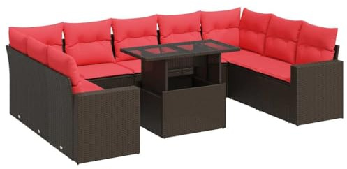 vidaXL 10 Piece Garden Sofa Set with Brown Cushions Poly Rattan Acacia Sofa Set Outdoor Sofa Set Garden Furniture Patio Sofa Set