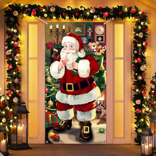 LATERN Decoración Navideña para Puerta, 90CM x 180CM Papá Noel Cubierta para Puerta Principal Bandera Navideña Colgante Fondo de Papá Noel para Hogar Puerta Invierno Vacaciones Navidad Decoración