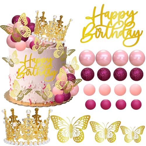 Gyufise 40Pcs Crown Cake Topper Balls Happy Birthday Cake Toppers Crown Birthday Candles Butterflies Corona para Pastel Cake Decorations for Wedding Baby Shower Party Decorations Rose Red