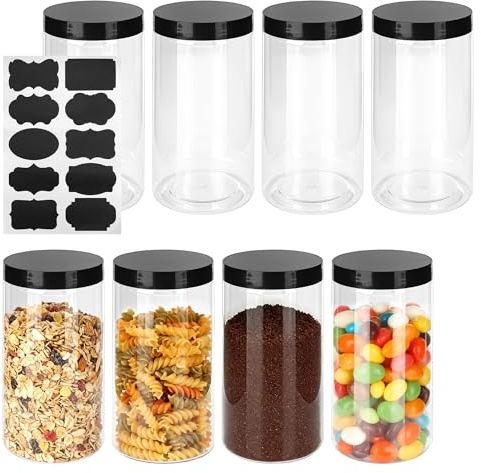 YKUKIZEE 8PCS 1000ml Plastic Storage Jar with Black Lid, Round, Empty Clear | Food Storage Containers for Grain, Pasta, Candy, Dry Food, Snack, Bean, Wide Mouth, Leak-Proof, Reusable