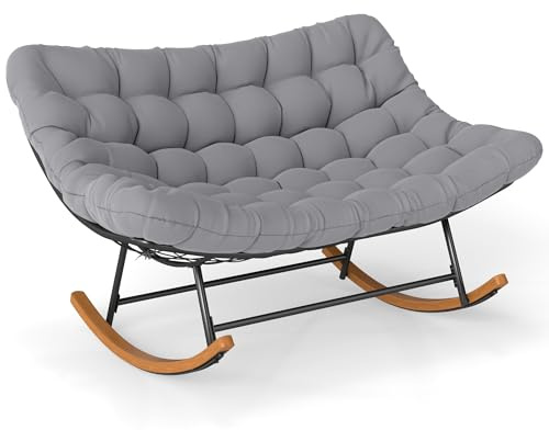 COSTWAY Silla Mecedora Doble Cojín Acolchado, Butaca Salón XXL (Gris) | Estructura Metálica, Sillón Balancin para Jardín Terraza Interior Exterior, 110,5 x 150 x 81 cm, Carga 320 kg