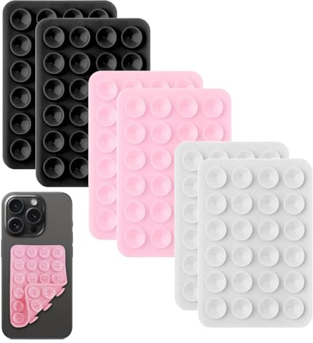 6PCS Double Sided Phone Suction Pad, 24-Suction Grips Silicone Phone Holder, Anti-Slip Hands-Free Sticky Pad for Shower Mirror, Car Dashboard, Wall, Gym, Selfies Videos (Black, White, Pink)