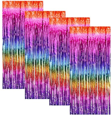 TLDBATICE 4 Stück Lametta Vorhang Bunt, Metallische Glitzervorhang Lametta Luftschlangen Geburtstag Regenbogen Deko für Abschlussball Geburtstagsparty Carnival Party Bühnendekor 1m x 2m Fadengardine
