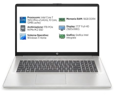 HP Notebook 17-cn4004nl Intel Core 7 150U, 16GB RAM, 1TB SSD, 17,3 Full-HD, Windows 11 Home, Argento (Ricondizionato)