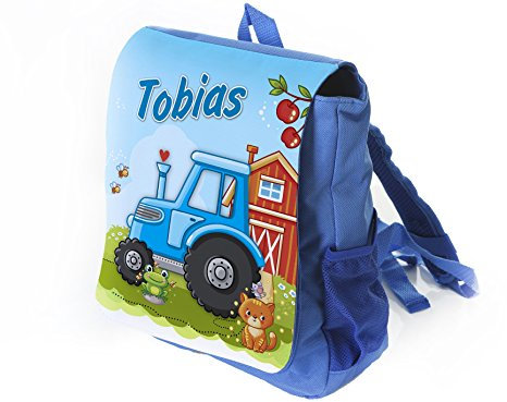 Unikatolo Werbetreff Gera Kinder-Rucksack mit Name - Personalisierter Kindergarten-Rucksack - Kita-Tasche - bedruckt - Geschenk-Idee Junge - Traktor - Blau