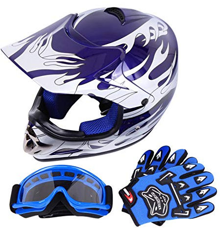 Samger DOT Jugend Kinder Offroad Helm Motocross Helm Dirt Bike ATV Motorrad Helm Handschuhe Brille(M,Blau)