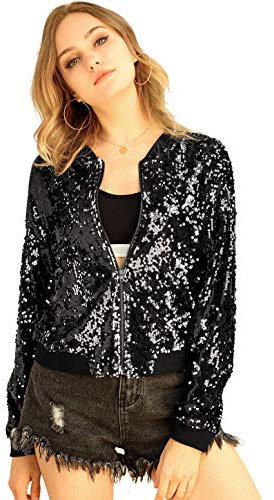 Allegra K Damen Glitzer Jacke Bomberjacke Pailletten Bomber Jacke Langarm Party Club Metallic Sequin Jacken Schwarz L