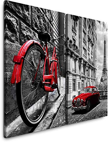 Leinwandbilder 2 Stück je 40x60cm Fahrrad Wand Eiffelturm Oldtimer