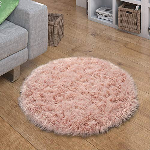 Paco Home Tapis Fausse Fourrure Coussin Coeur Rond Différentes Formes, Rose, Dimension:90 cm Rond