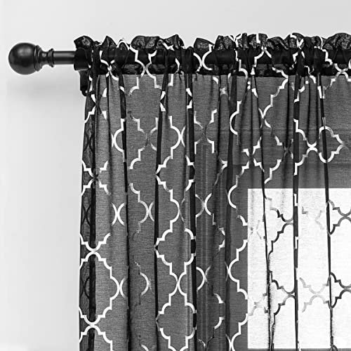 Kotile Schwarze transparente Vorhänge mit silbernem marokkanischem Fliesendruck – Metallic-Silberfolie geometrisches Gitter, schwarz, durchsichtige Vorhänge für Wohnzimmer, 132x244 cm, Schwarz,Silber