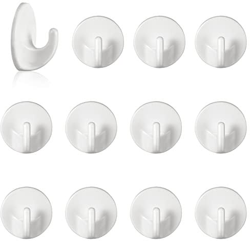 RosewineC Plastic Hooks Self Adhesive, 12 Pcs Seamless Multi-Purpose Hooks, White Plastic Heavy Sticky Removable Wall Hangers, Wall Hanger for Bathroom, Kitchen, Office, Closet, Glass