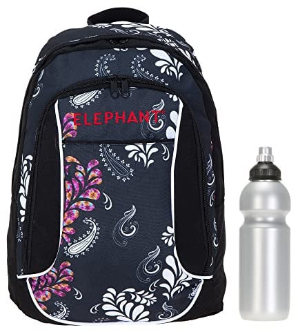 Elephant Rucksack Damen Mädchen Freizeitrucksack Black Paisley Arbeitstasche Daypack backpack A4 3774 Schwarz + Trinkflasche