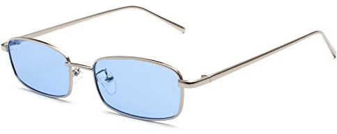 Ggpyyon Vintage Rechteckig Sonnenbrille für Damen Herren,Retro Schmale Brille UV-Schutz Sunglasses(Silber/Blau)