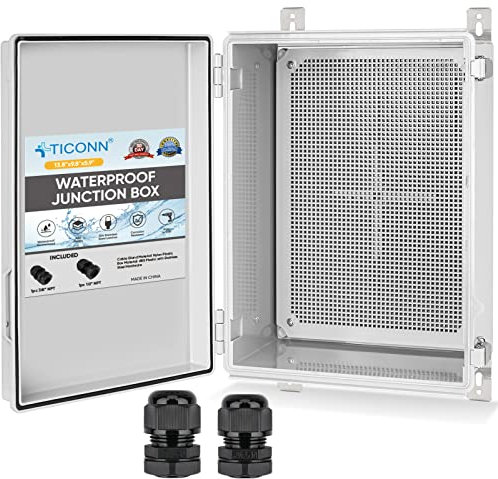 TICONN Waterproof Electrical Junction Box IP67 ABS Plastic Enclosure with Hinged Cover with Mounting Plate, Wall Brackets, Cable Glands (Off-white, 13.8x9.8x5.9)