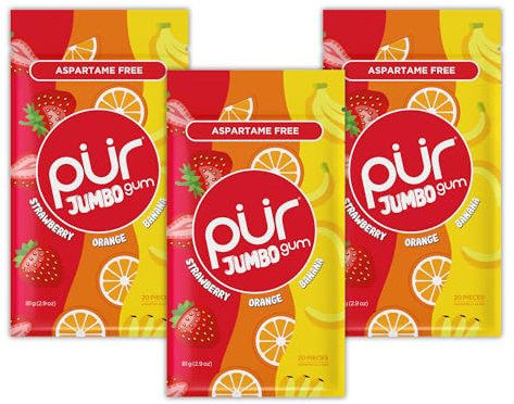 PUR Jumbo Gum | Chewing-gum Sans Aspartame | Au Xylitol |Arôme naturel Strawberry, Banana, Orange, 20 Pièces (Lot de 3)