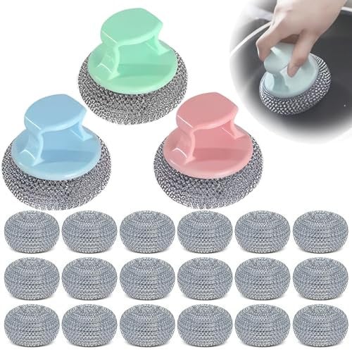 Paquete de 18 Cepillos de Esponja de Acero Inoxidable para Cocina, Paño de Alambre, Cepillo de Acero Galvanizado para Ollas, Sartenes, Cepillos, Estufa, Parrilla, Baño, Colores de Mango Aleatorios