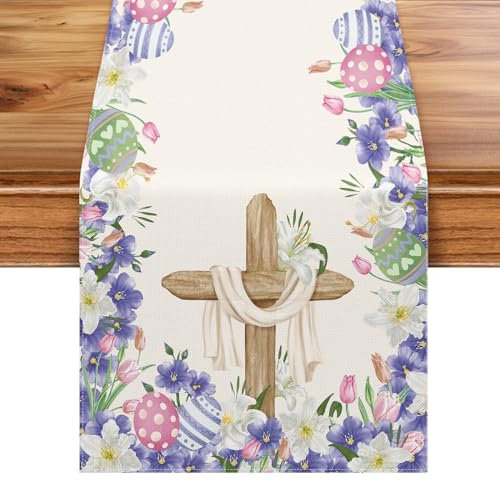 NLUS He is Risen Tischläufer, Osterei, christliches Kreuz, Lilie, Blumen, Frühling, Jesus, Ressurrection, Urlaub, Party, Zuhause, Küche, Esszimmer, Dekoration, 33 x 183 cm