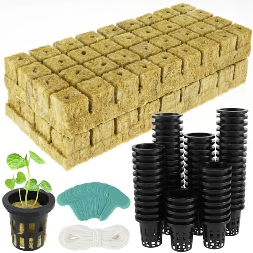 72pcs Mineral Wool Cubes for Hydroponics Growing System, 1.5inch Mineral Wool Planting Cubes with 72 Net Cups 30 Label Good Absorption Hydroponics Mesh Net Cup for Home Balcony