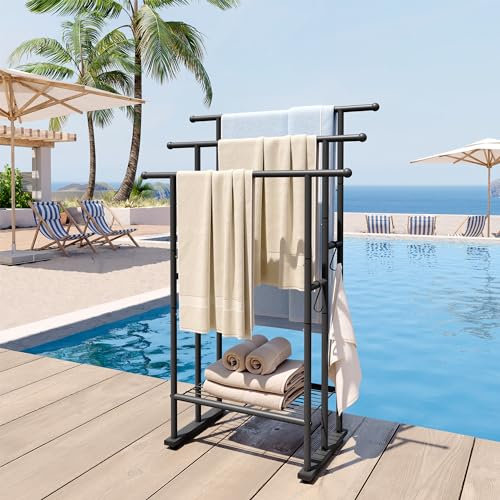 ELYKEN 3 Tier Freestanding Towel Rack with Shelf, 40 H Towel Stand, Black