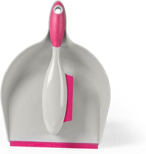 Kleeneze KL069337EU7 Dustpan and Brush Set – Non-Scratch Rubber Bristles Ideal for Pet Hair/Fur, Handheld Squeegee Edge for Spills/Liquids, Easy Rinse Clean, Indoor Hard Floor Sweeping, Pink