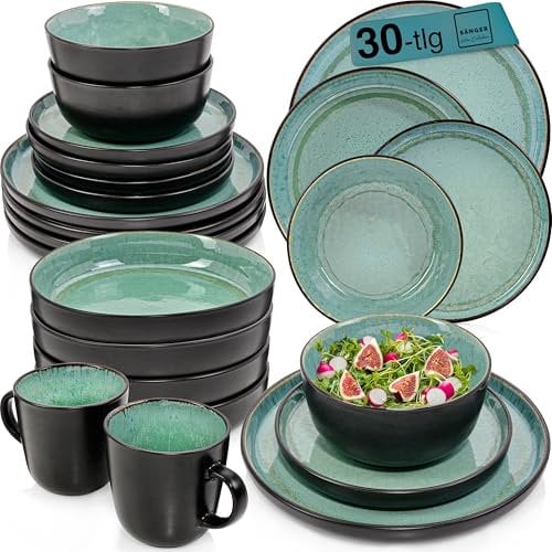 SÄNGER Fiji | Kombiservice 6 Personen, Teller Set Kaffeebecher Pastaschale 30 tlg, Steingut Geschirr Set spülmaschinen- mikrowellen- kratzfest, Geschirrset aus Steingut dunkelgrün | VALUE COLLECTION