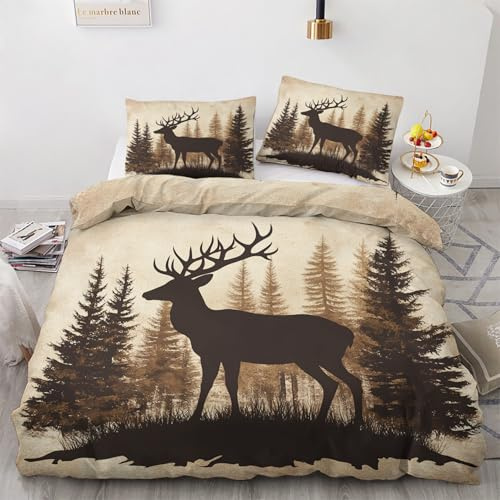 Hirsch Bettwäsche 135x200 - Wilde Tiere Jagd Bettbezug 135 x 200 2er Set - Wendebettwäsche & Kissenbezug 80x80 cm - Weiche Mikrofaser Bettwäsche-sets mit Reißverschluss - Schlafzimmer Bett Deko