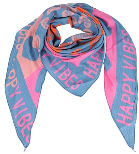 Damen Musselin Halstuch Made in Italy mit Leo Love Happy– Leichtes Dreieckstuch für Frühling & Sommer, Baumwolle, ca.195x85 cm (Happy Jeansblau)
