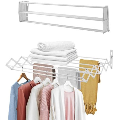 SHANN Tendedero Extensible Pared 80cm - Tendedero Plegable de Pared de Interior o Exterior de Acero Blanco - Tendedro con 9 Barras y 6 Metros de tendido