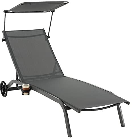 FANTASK Sonnenliege mit Rollen, Dach und Getränkehalter, Gartenliege mit Verstellbarer Rückenlehne, Terrassenliege, Grau