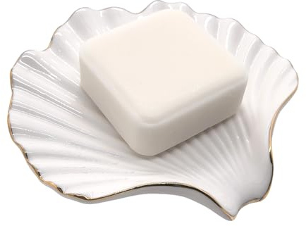 Ceramic Soap Dish Self-Draining Lotus Leaf Soap Holder Soap Saver for Bathroom,Kitchen,Sink,Bathtub(Shell White)
